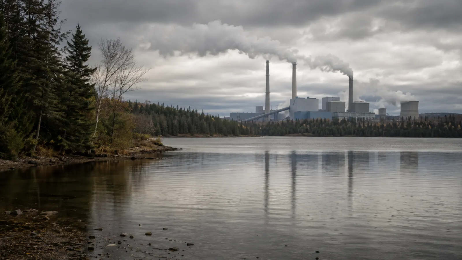 Rain falling over a forested lake ecosystem vulnerable to acid deposition.