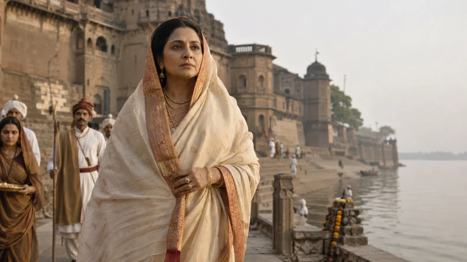 Ahilyabai Holkar with the fort and ghats of Maheshwar, her eighteenth-century capital on the Narmada