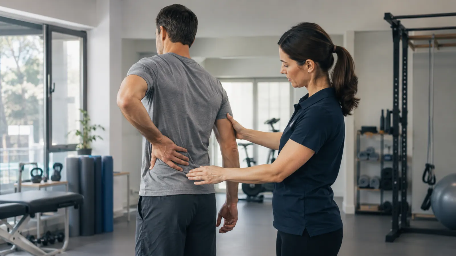 Healthcare professional assessing an adult with back pain through movement and physical examination