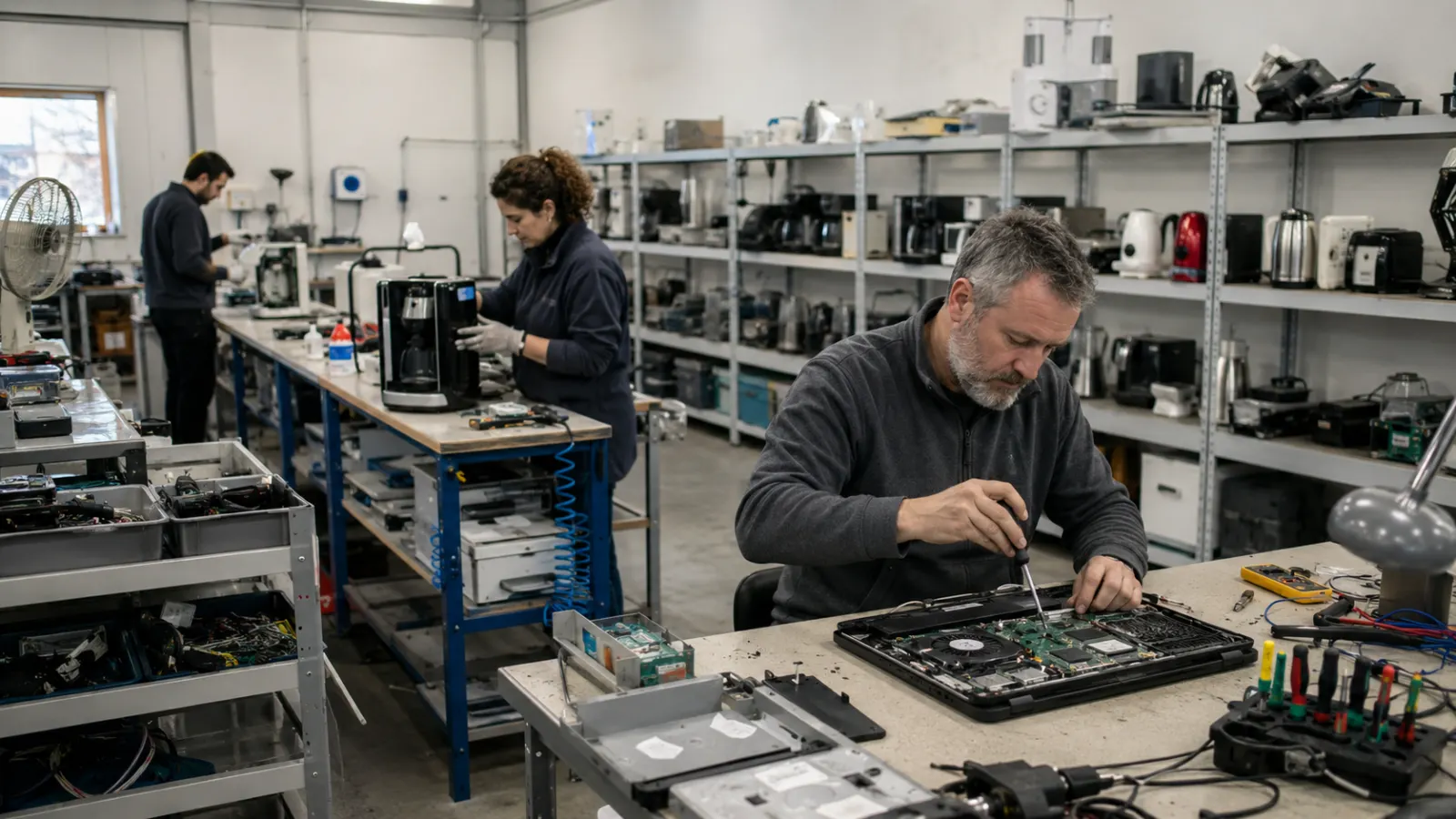 Workers repairing and recovering components for reuse in a circular production system.