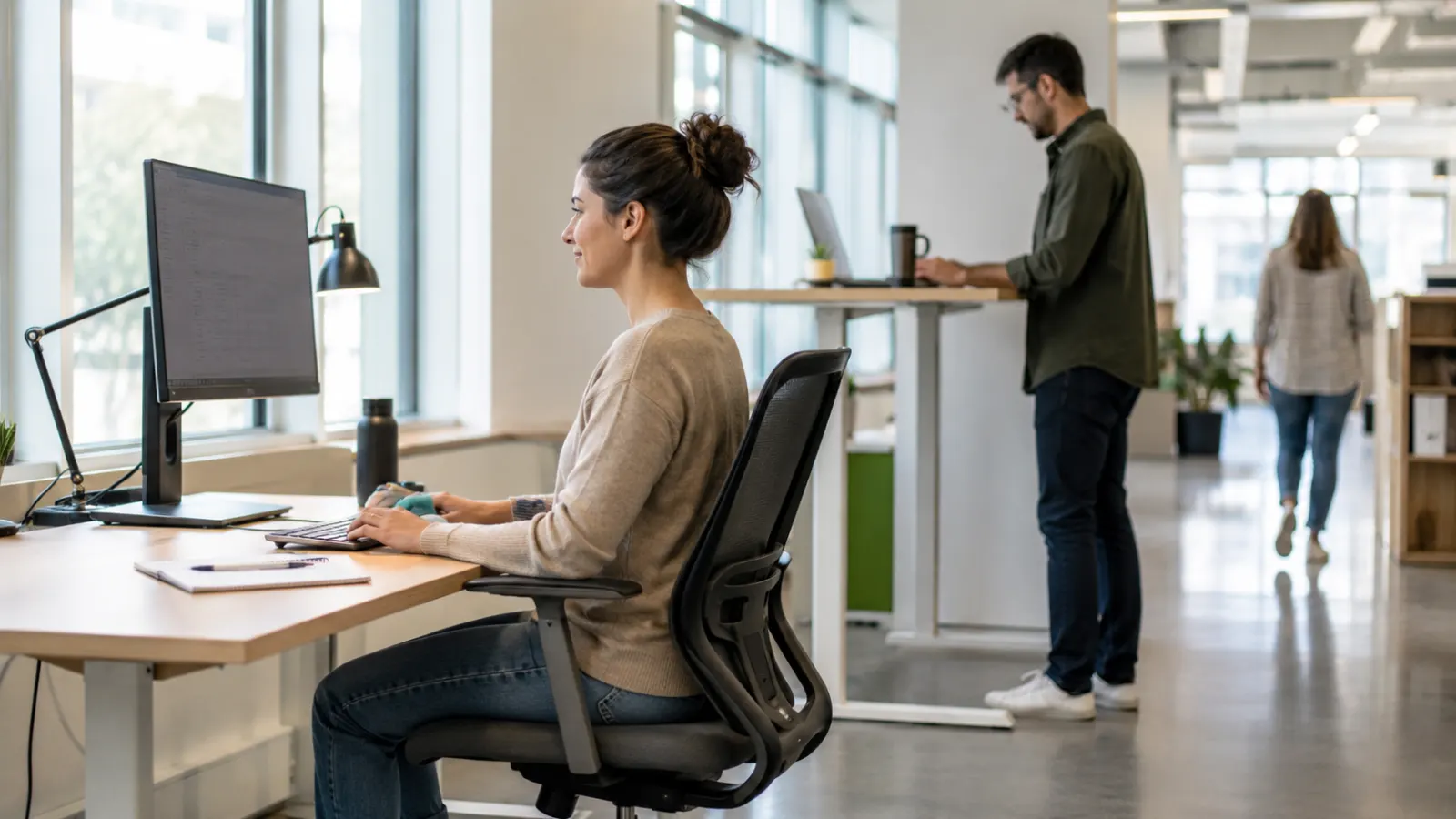 Office worker alternating between comfortable sitting and standing positions at an adjustable workstation