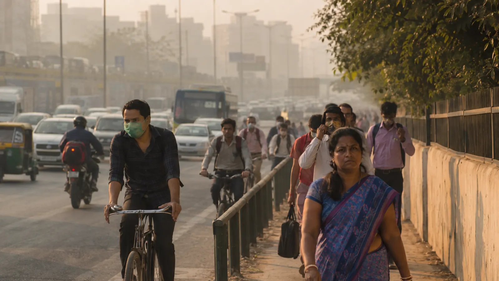 People commuting along a polluted urban road under hazy air.