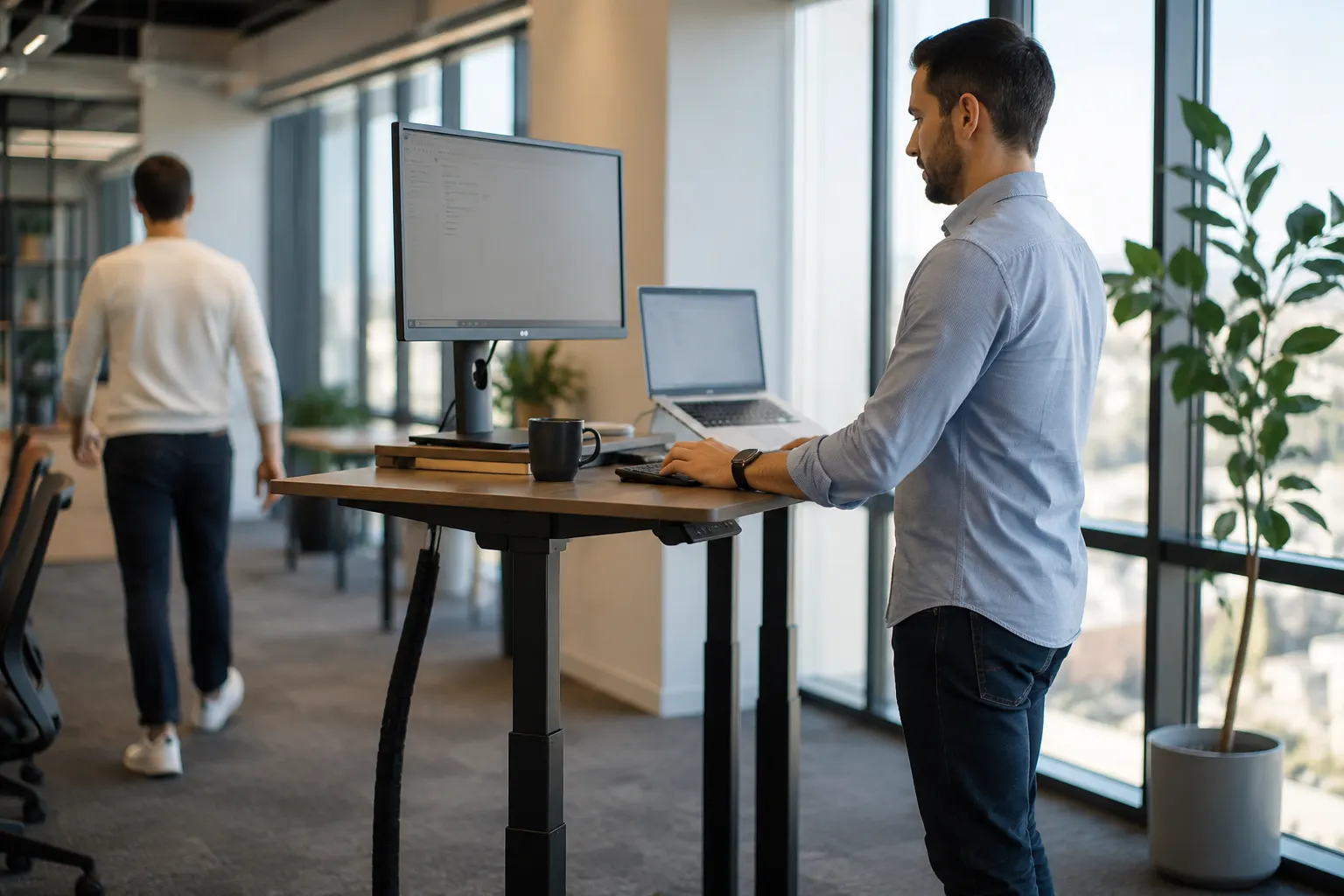 Office workers alternating between sitting, standing and walking during normal work