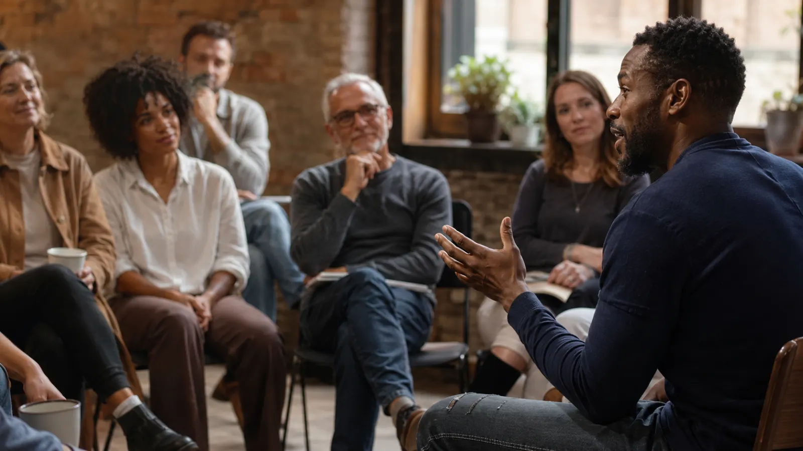 Speaker using a real-world story to explain an idea to a small audience
