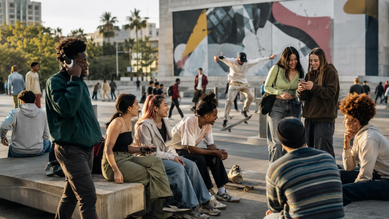 Young and older adults engaging with music, fashion and entertainment in a busy urban cultural setting.