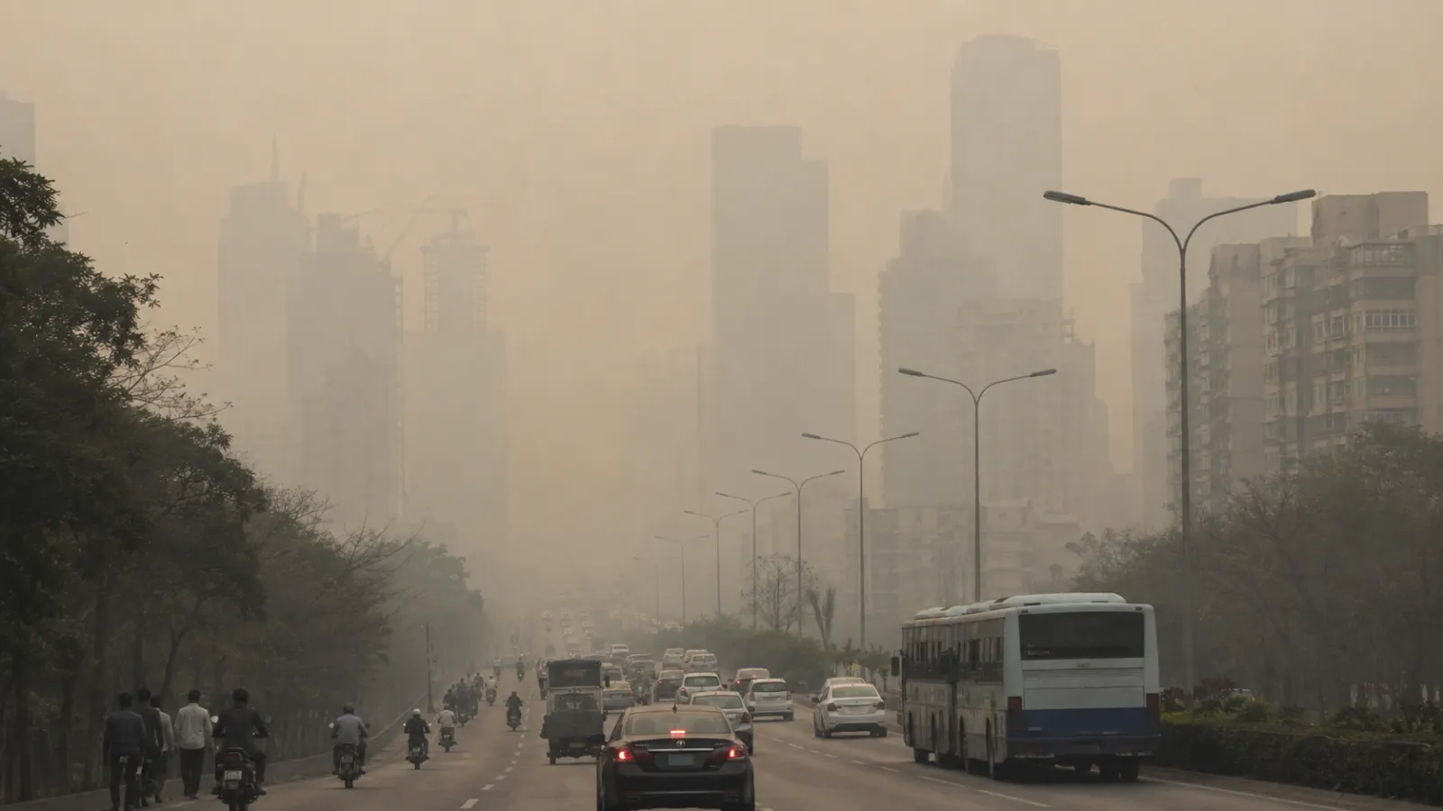 City skyline beneath a dense layer of photochemical smog.