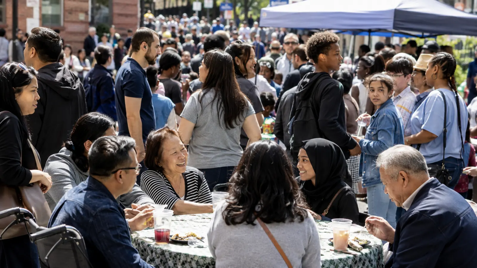 People from different immigrant backgrounds participating in shared civic life while maintaining distinct cultural traditions.